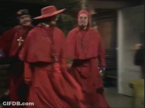 Men In Red Saying Nobody Expects The Spanish Inquisition GIF