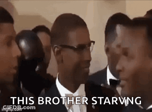 Men In Suits And Bow Ties Saying This Brother Starving GIF