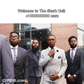 Men In Suits Standing In Front Of Shark Cult GIF