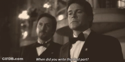 Men In Tuxedos Asking When Did You Write That Last Pa GIF