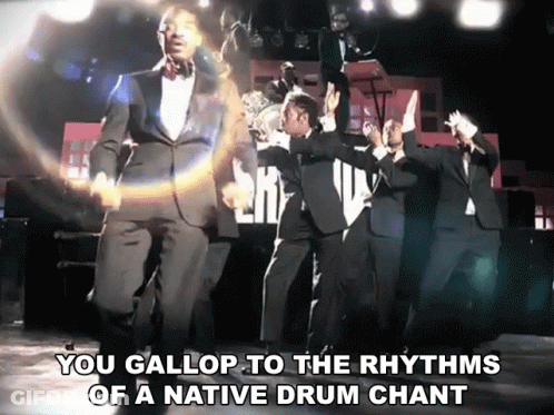 Men In Tuxedos Dancing On Stage With Words You Gallop GIF