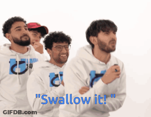 Men In White Hoodies Saying Swallow It GIF