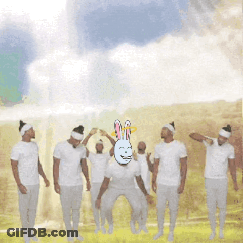 Men In White Shirts Dancing With Rabbit On Head GIF