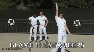 Men In White Uniforms Dancing Blame These Queers GIF