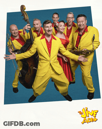 Men In Yellow Suits Posing With The Jive Aces GIF