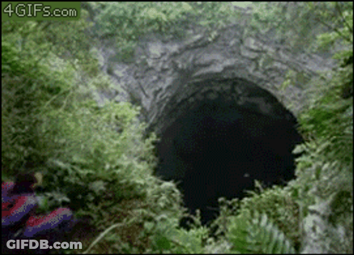 Men Leaping In Deep Goblin Cave GIF