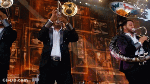 Men Playing Brass Instruments With Cancela Sign GIF