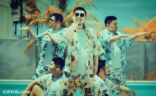 Men Posing In Front Of 你 很 Sign GIF