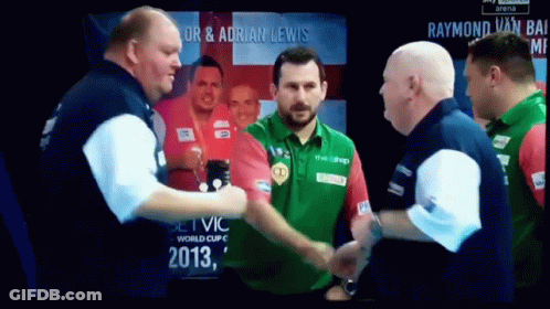 Men Shaking Hands In Front Of Raymond Van Bai Poster GIF