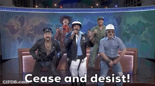 Men Singing And Dancing On Stage With Cease And Desist GIF