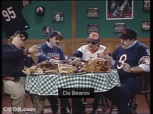 Men Sitting Around Table With Checkered Tablecloth Saying Da Bearss GIF