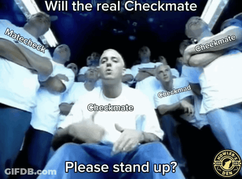 Men Standing Around Man Saying Will The Real Checkmate Please Stand Up GIF
