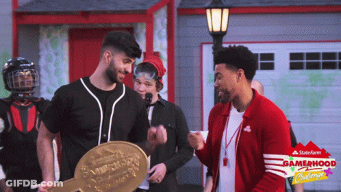 Men Standing In Front Of Garage With State Farm Sign GIF
