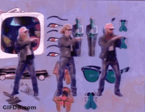 Men Standing In Front Of Television And Pyramid GIF