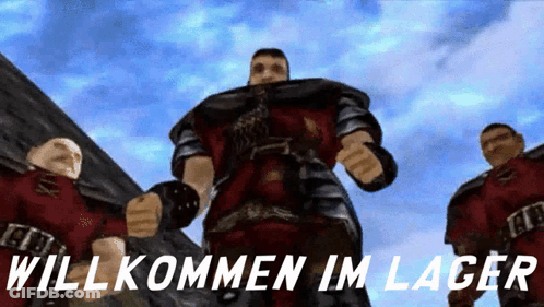 Men Standing In Front Of Willkommen Im Lager Sign GIF