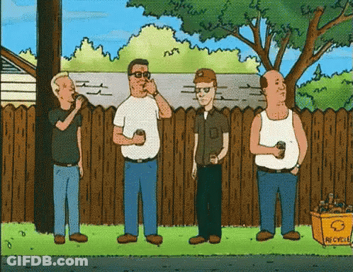 Men Standing In Front Of Wooden Fence With Recycling Bin GIF