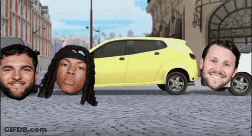 Men Sticking Heads Out Of Yellow Car GIF