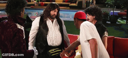 Men Talking Around Couch By Pool GIF