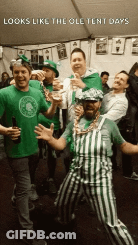 Men Under Tent In Green Celtics Shirt GIF