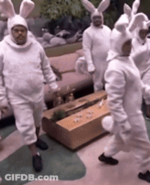 Men Wearing Bunny Costumes Hopping GIF