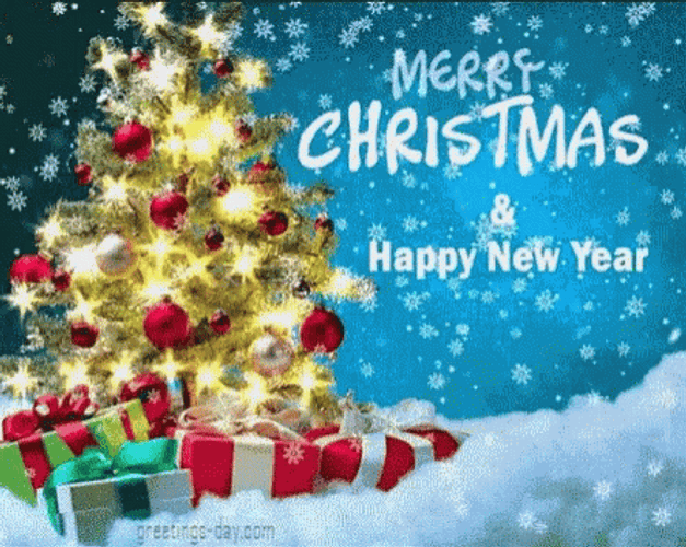 Merry Christmas And Happy New Year Gifts Snowing Christmas Tree Red Balls GIF