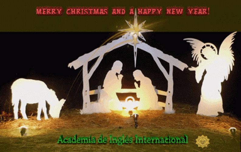 Merry Christmas And Happy New Year Nativity Scene Stable Angel GIF