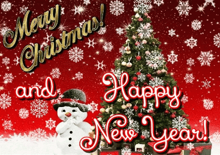 Merry Christmas And Happy New Year Snowman Snow Red Christmas Tree GIF