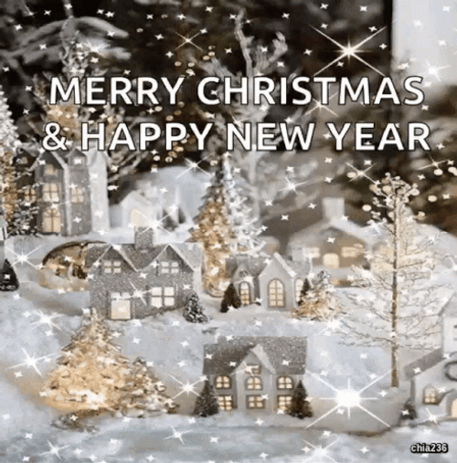 Merry Christmas And Happy New Year Snowy Village Miniature GIF