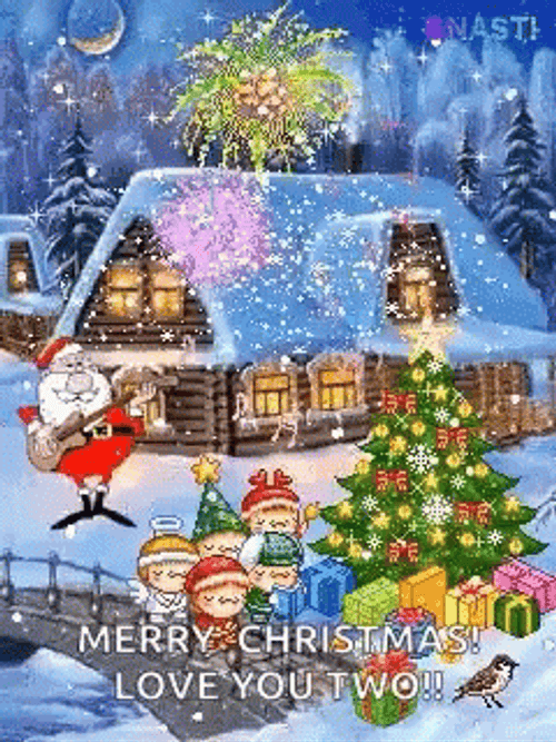 Merry Christmas Animated House With Flying Fireworks GIF