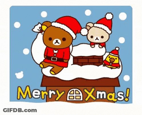Merry Christmas Bear And Chicken On Chimney GIF