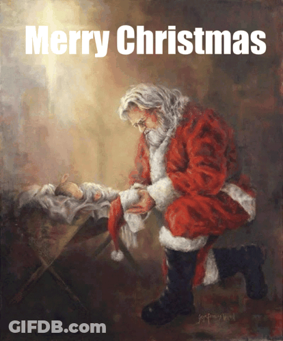 Merry Christmas Card Santa Kneeling GIF