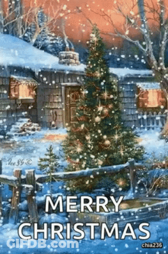 Merry Christmas Card With Christmas Tree And Cabin GIF