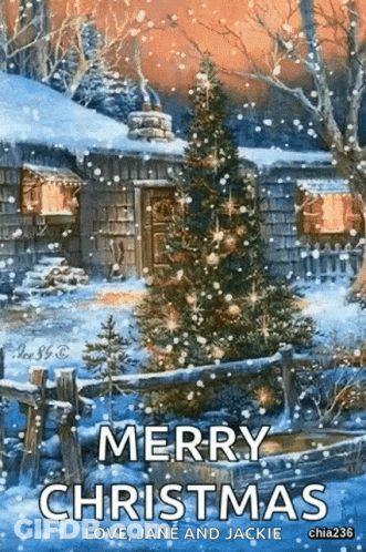 Merry Christmas Card With Christmas Tree And House GIF
