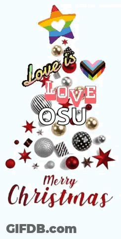Merry Christmas Card With Christmas Tree Made Of Balls And Stars GIF