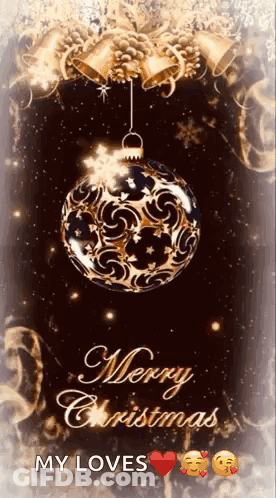 Merry Christmas Card With Hanging Ball And Bell GIF
