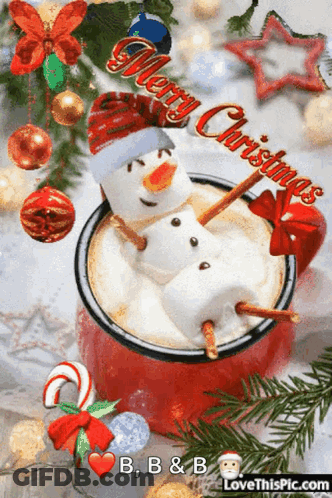 Merry Christmas Card With Snowman In Mug GIF