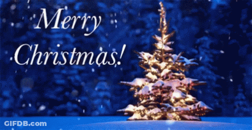 Merry Christmas Card With Snowy Tree GIF