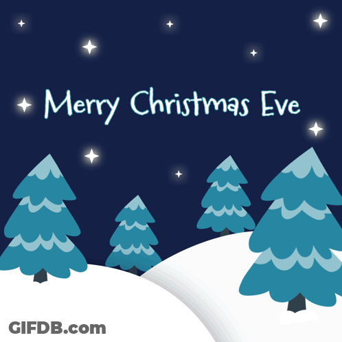 Merry Christmas Eve Card With Snowy Trees And Stars GIF