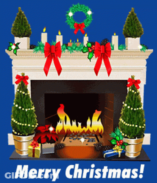 Merry Christmas Friend Decorated Fireplace GIF
