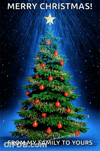 Merry Christmas From My Family To Yours With A Christmas Tree In The Background GIF