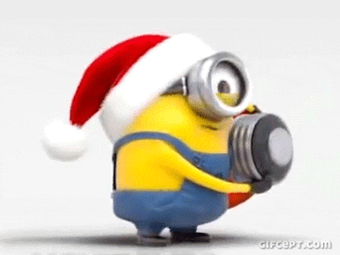 Merry Christmas Funny Laughing Minion Holding Bulb GIF