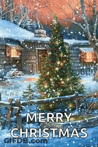 Merry Christmas Greeting Card With Christmas Tree And Snow Cabin GIF