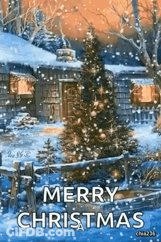 Merry Christmas Greeting Card With Christmas Tree In Front Of Cabin In Snow GIF