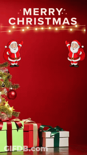 Merry Christmas Greeting Card With Santa And Gifts GIF