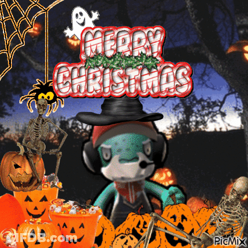 Merry Christmas Greeting Card With Skeleton Spider And Pumpkins GIF