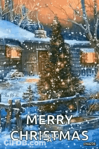 Merry Christmas Greeting Card With Tree And House In Snow GIF