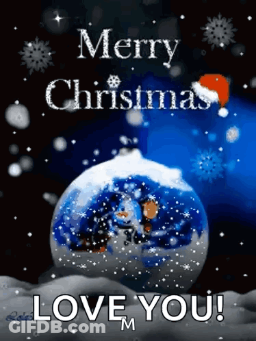 Merry Christmas Greeting With Snowman In Snow Globe GIF