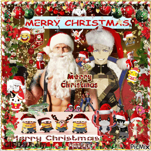Merry Christmas Greeting With Two Men In Santa Hats GIF