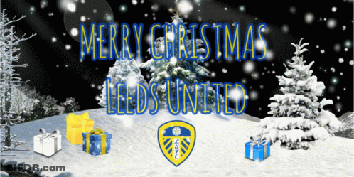 Merry Christmas Leeds United In Blue On Snowy Background GIF