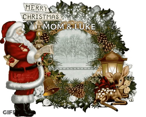 Merry Christmas Mom And Luke Greeting With Santa Claus And Wreath GIF